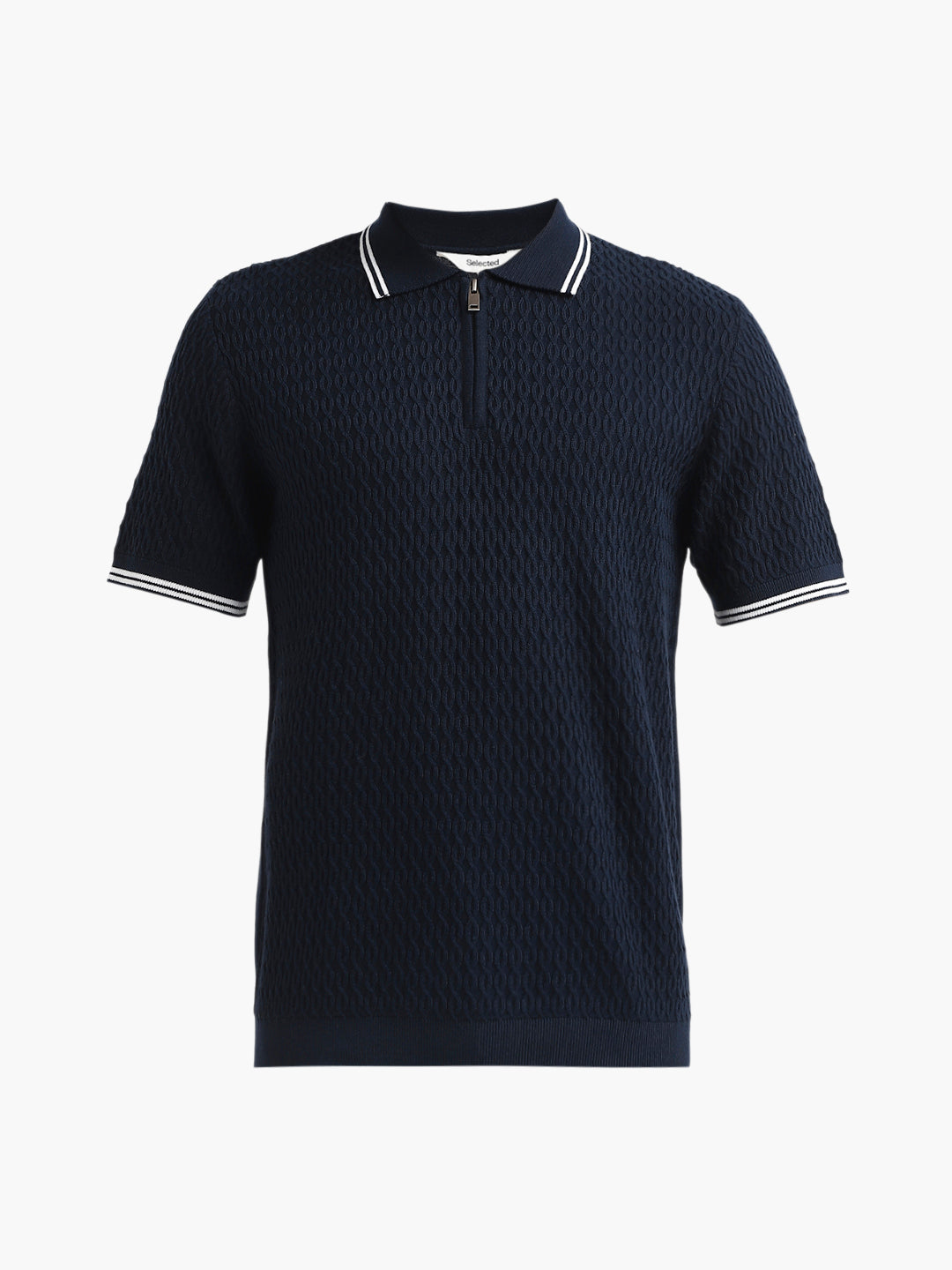 Structured Knitted Zip Polo - Blue
