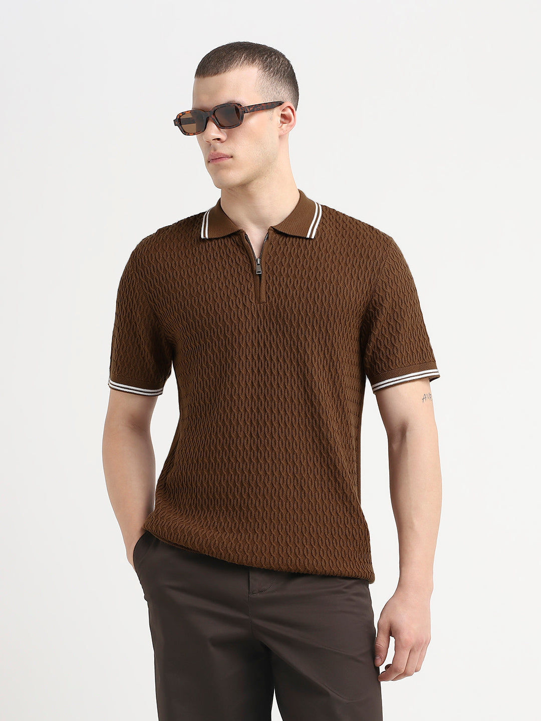Structured Knitted Zip Polo - Brown