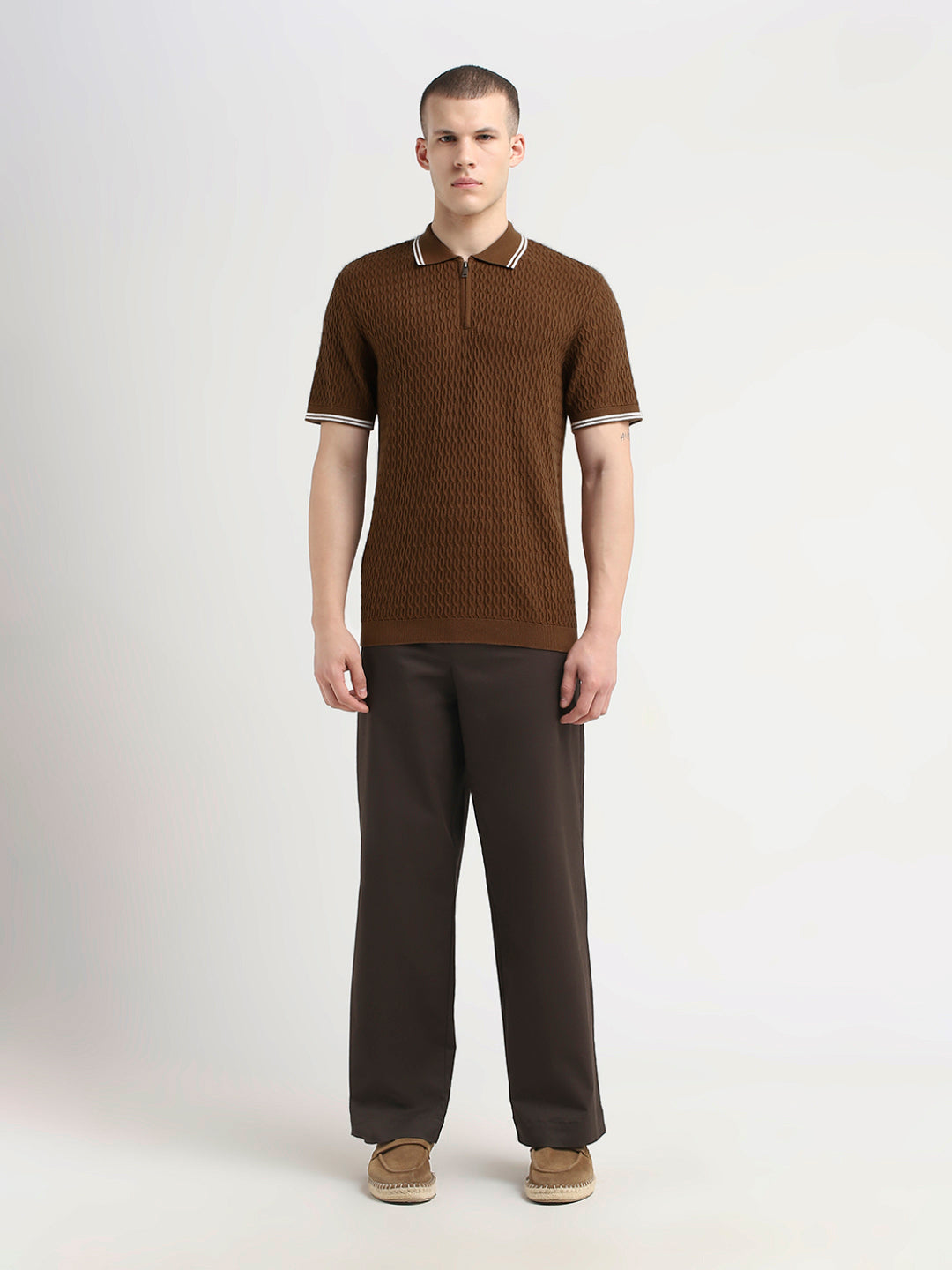 Structured Knitted Zip Polo - Brown