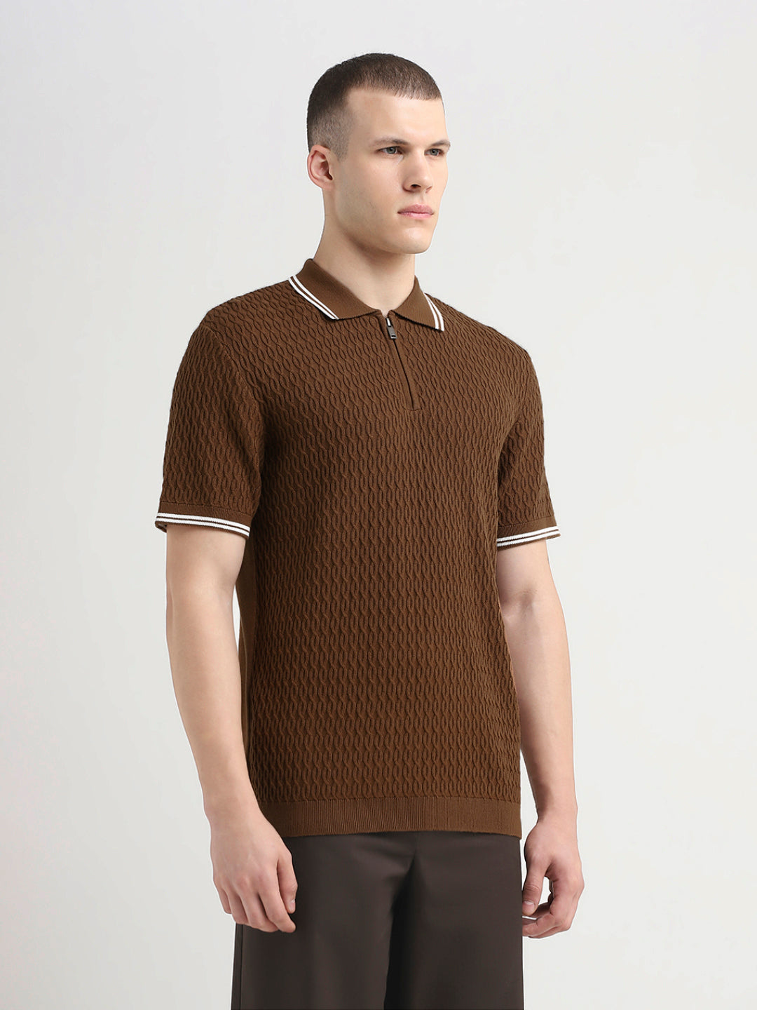 Structured Knitted Zip Polo - Brown