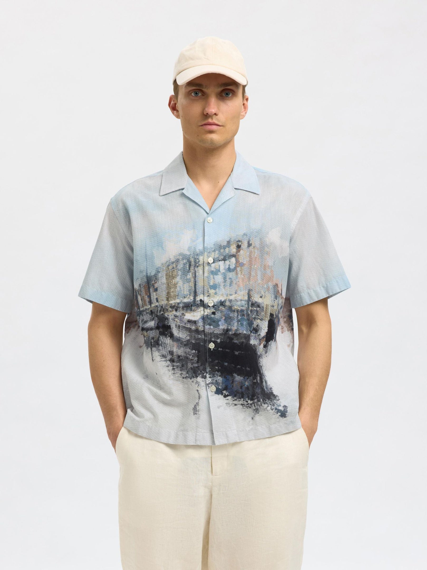 Cuban Collar Printed Shirt - Blue