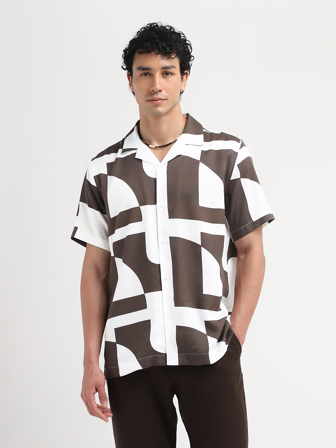Printed Cuban Collar Shirt - Brown