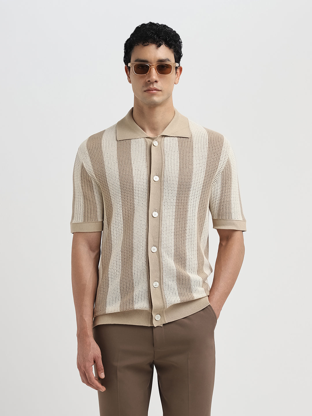 Structured Organic Cotton Polo Cardigan - Beige