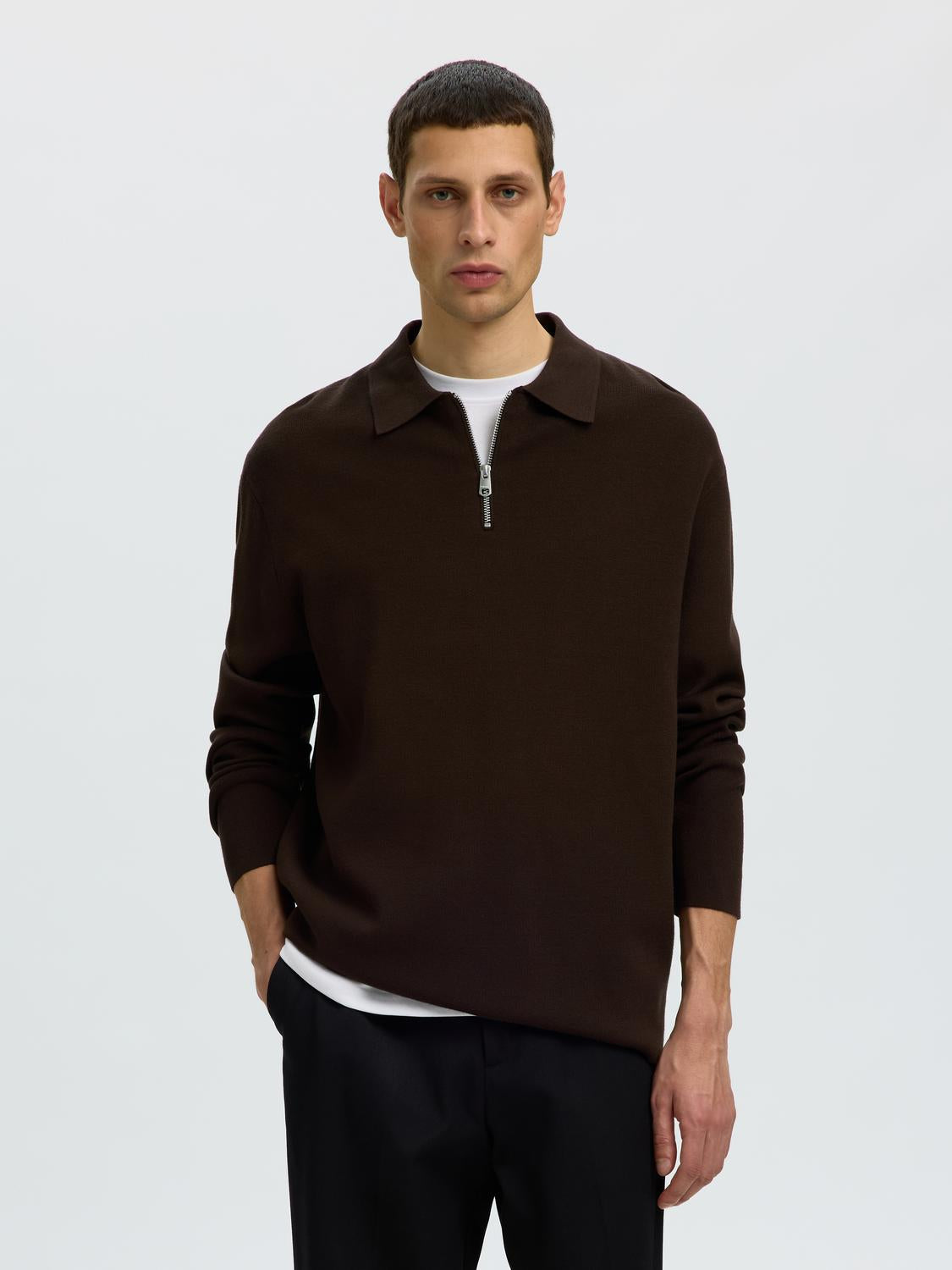 Brown Half Zip Knitted Polo