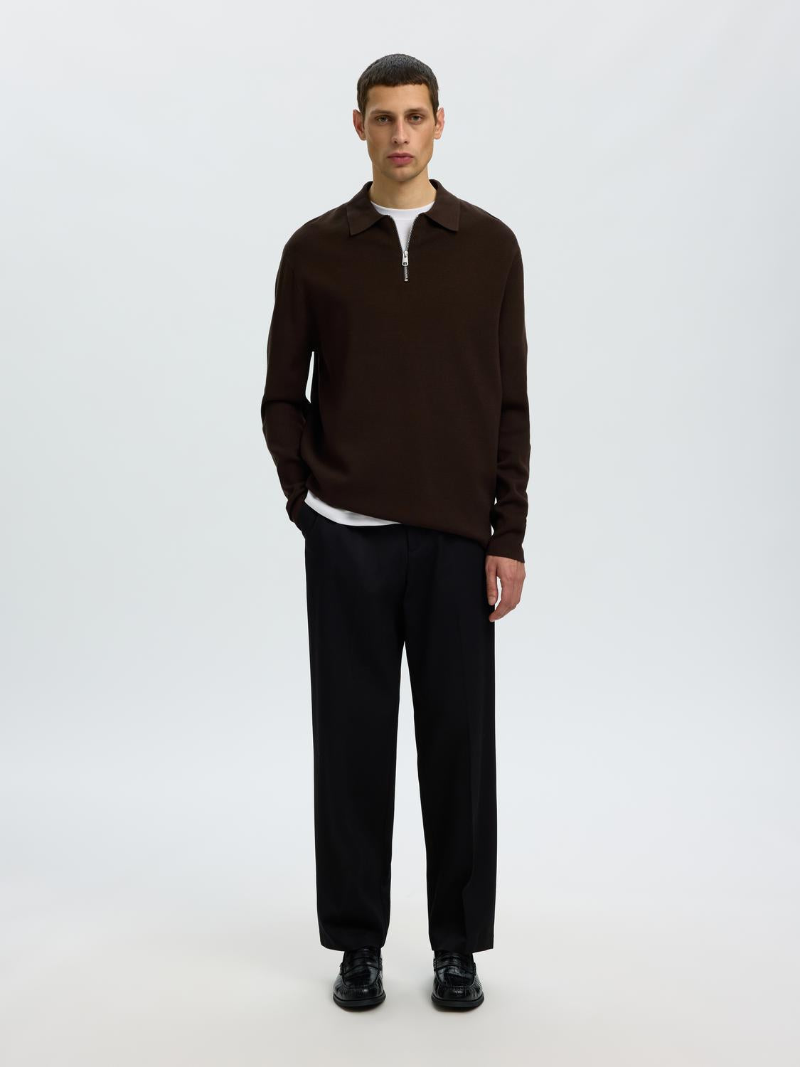 Brown Half Zip Knitted Polo
