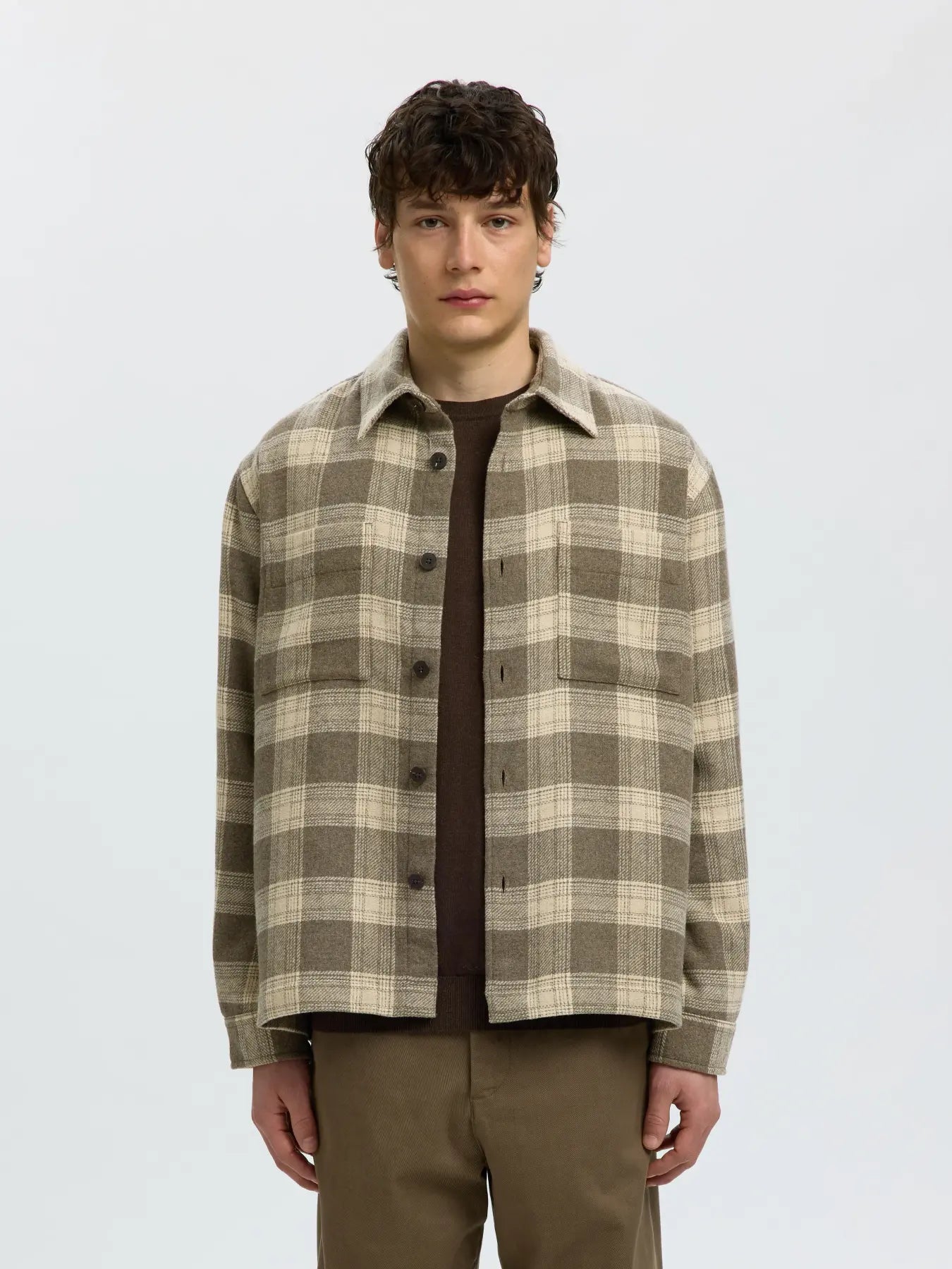 Beige Check Wool Blend Overshirt