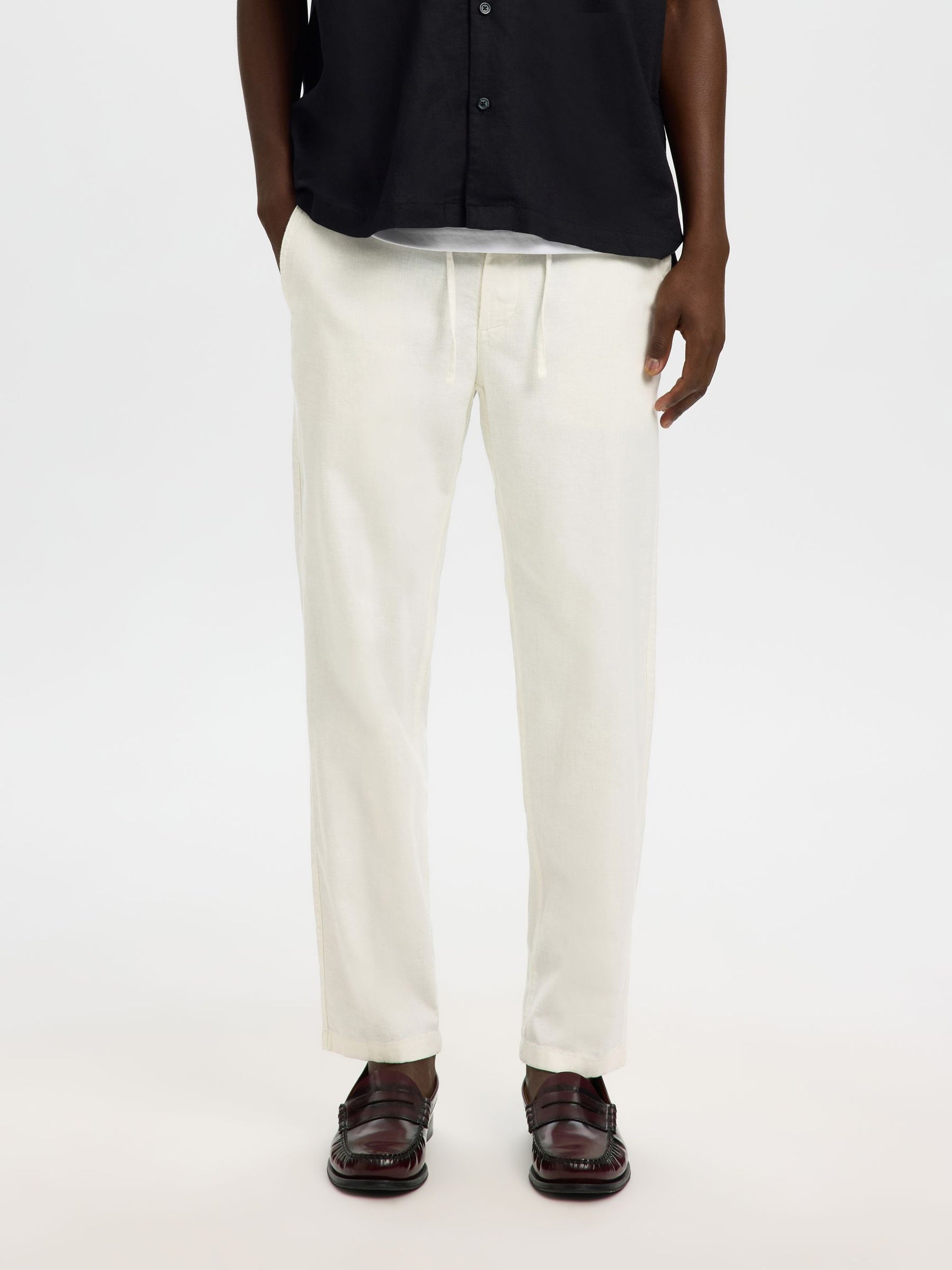 White Linen Blend Slim Fit Pants