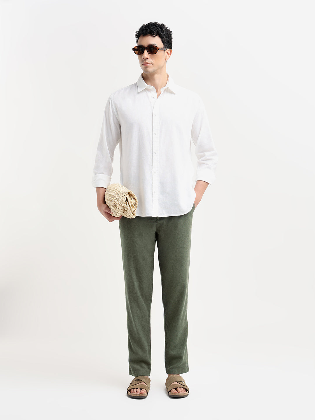 Green Linen Blend Slim Fit Pants