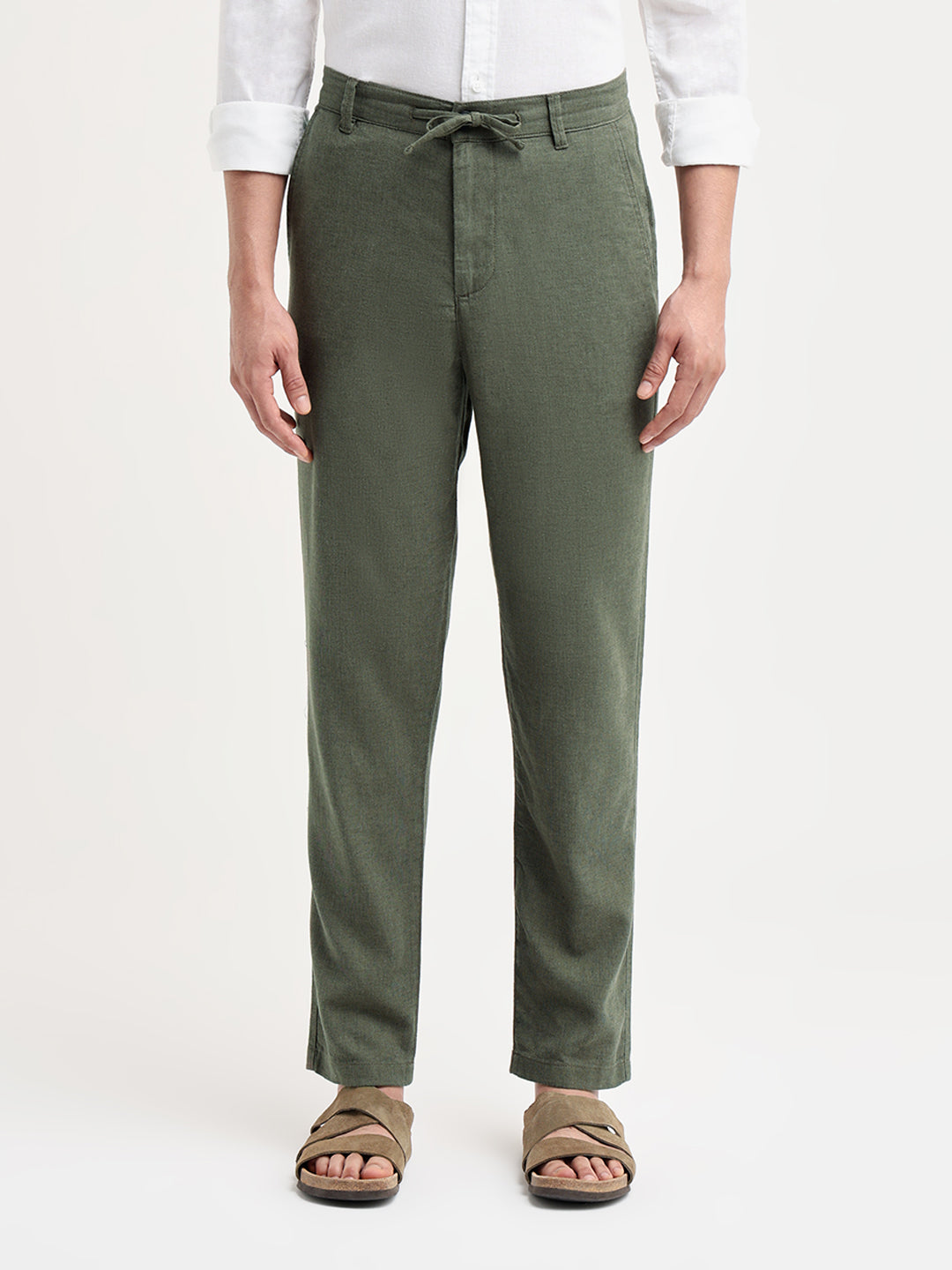 Green Linen Blend Slim Fit Pants