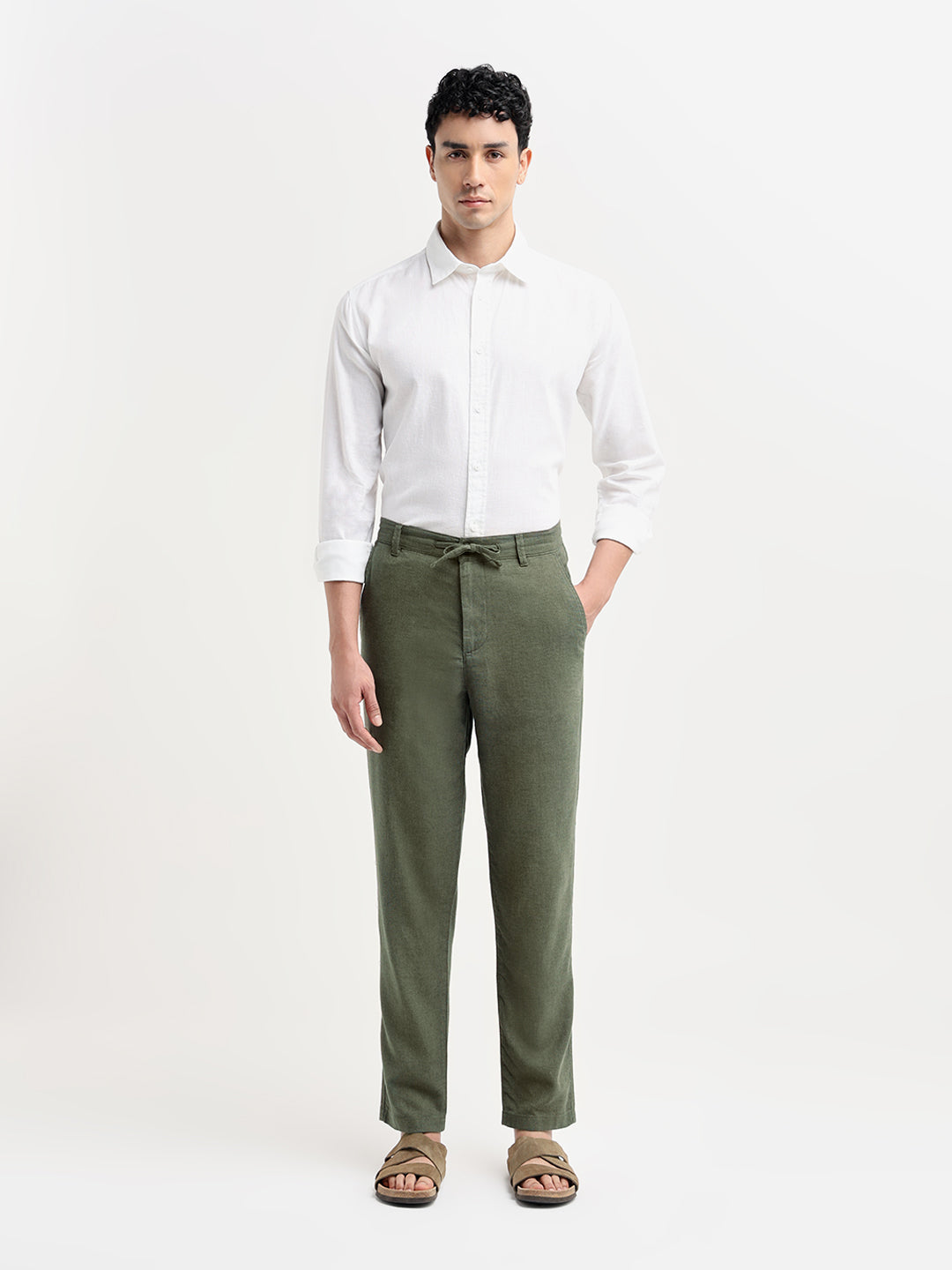 Green Linen Blend Slim Fit Pants