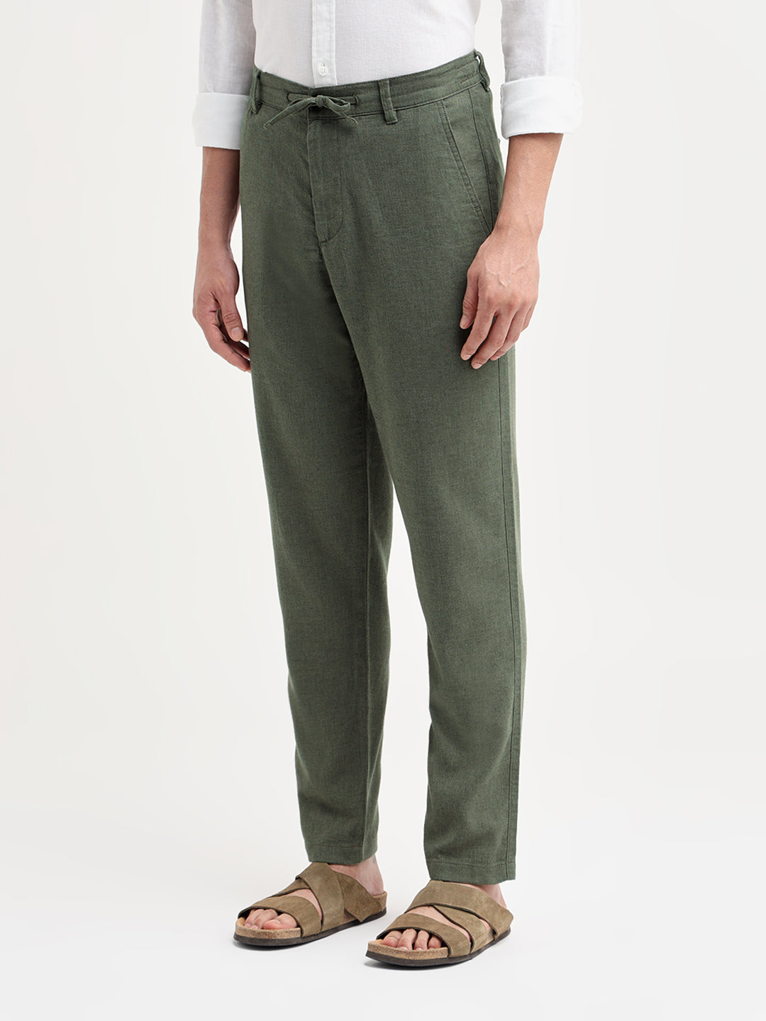 Green Linen Blend Slim Fit Pants