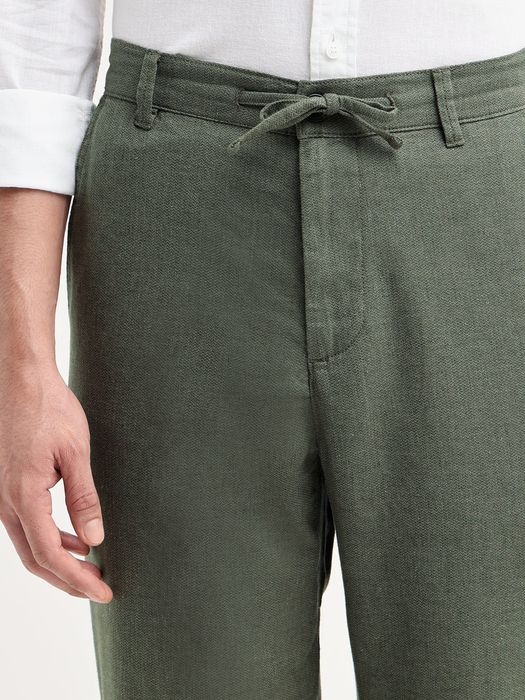 Green Linen Blend Slim Fit Pants